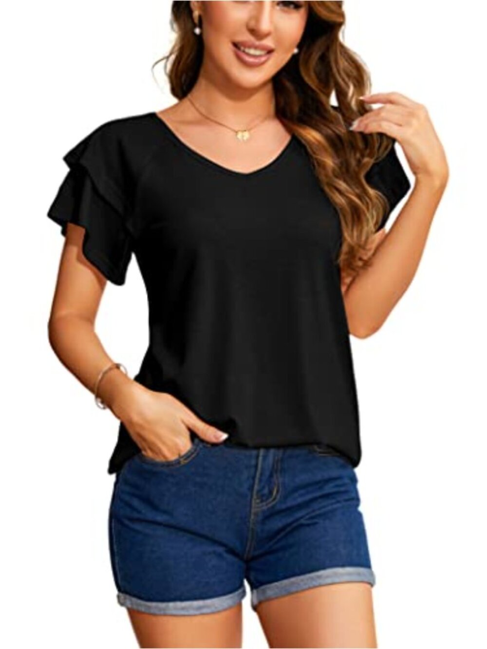 Women's Puff Sleeve V-Neck Loose Fit Tunic Blouse Business Casual